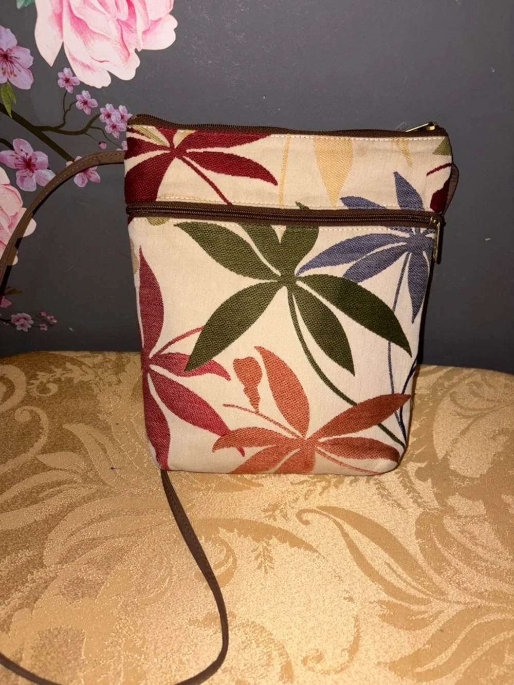 Danny K Beverly Hills Multicolor Leaf-Print Canvas Crossbody Bag by - Picture 1 of 8